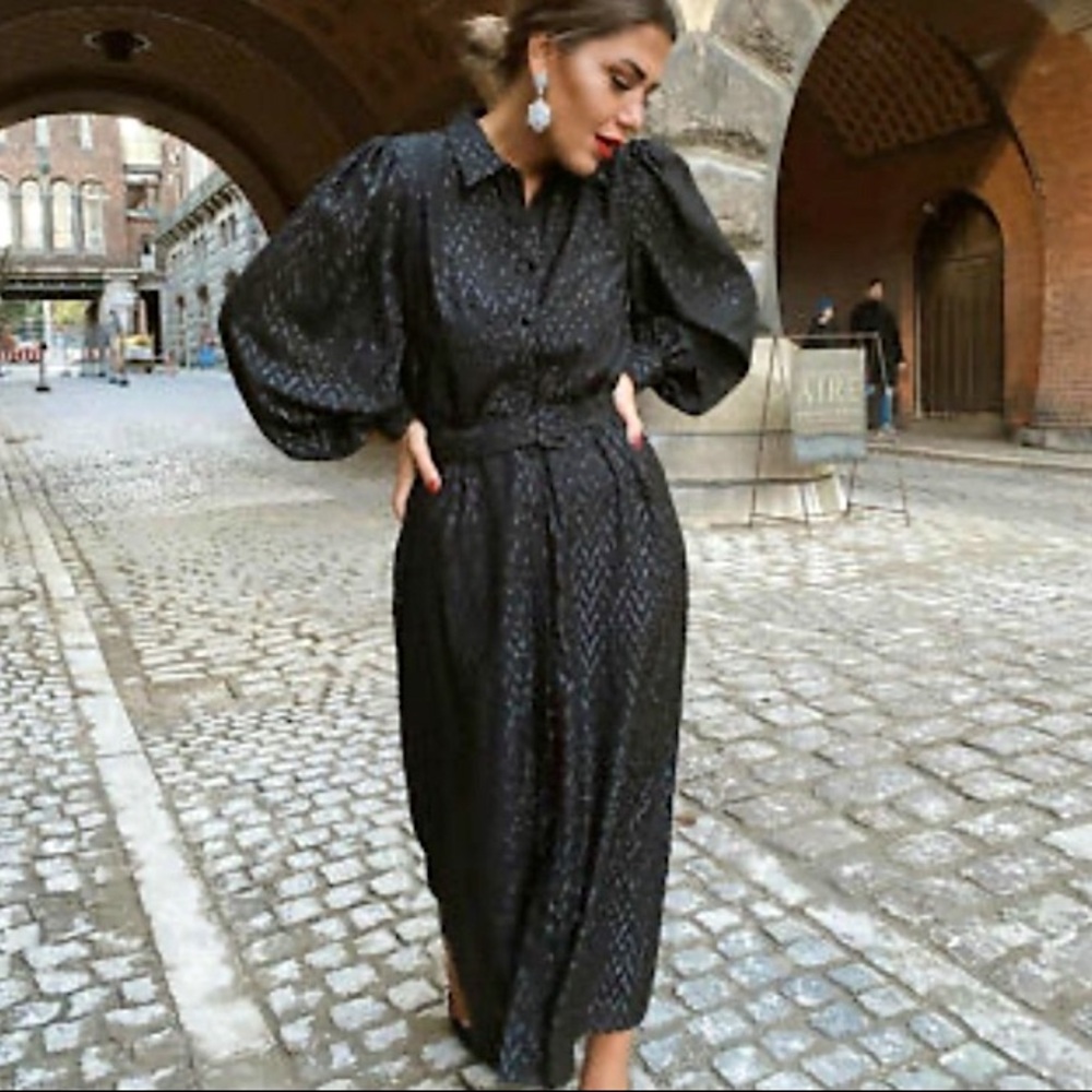 Zara Black Long Buttoned Midi Dress with Metallic Thread